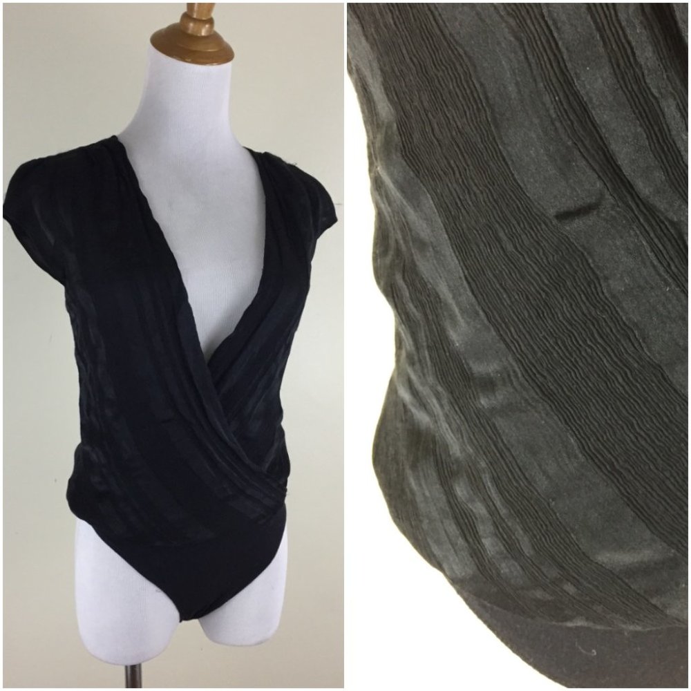 BEBE Silk Textured Low V Short Sleeve Bodysuit